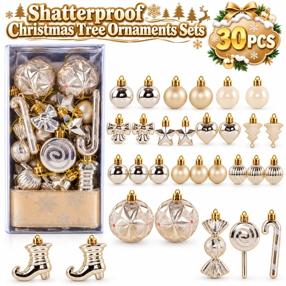 Velmasee 30PCS Shatterproof Christmas Tree Ornaments Set - Assorted Shapes Hanging Christmas Ball Ornaments Baubles Set with Strings for Holiday Xmas Tree Home Party Decor