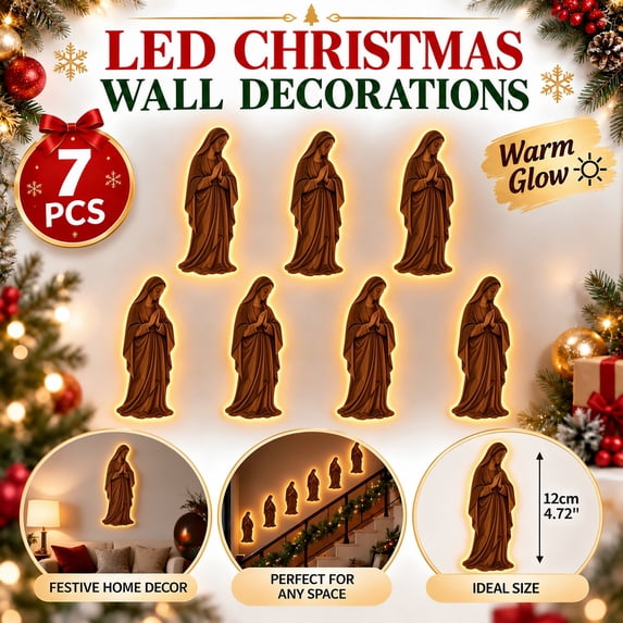 Velmasee 7 Pcs Wooden Christmas Figure LED Wall Decor - Hollow Out Backlit Rustic Farmhouse Light Up Wall Ornaments, Battery Operated Glowing Xmas Wall Art for Indoor Holiday Home Decor