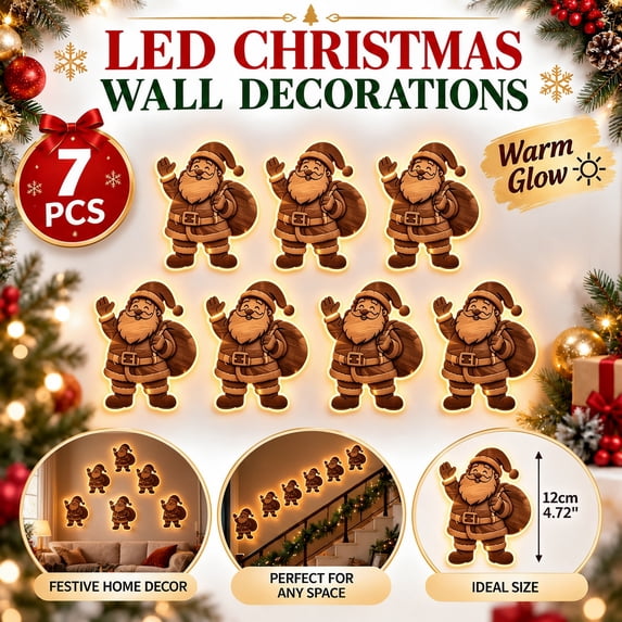 Velmasee 7 Pcs Wooden Santa Claus LED Wall Decor - Hollow Out Backlit Rustic Farmhouse Light Up Wall Stickers, Battery Operated Glowing Xmas Wall Art for Indoor Holiday Home Decor