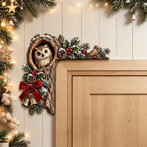Velmasee Door Corner Decor, Christmas Woodland Animal Tree Hollow Door Toppers for Door Frame, Wooden Festive Design No-Drill Mount, Holiday Ornament for Xmas Home Door Frame Wall Party Decor