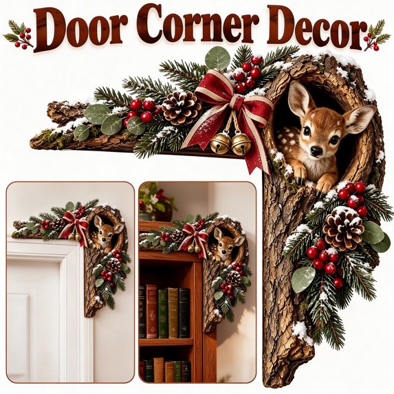 Velmasee Door Frame Corner Decor, Christmas Woodland Animal Tree Hollow Door Toppers, Wooden Festive Design No-Drill Mount, Holiday Ornament for Xmas Home Door Frame Wall Party Decor