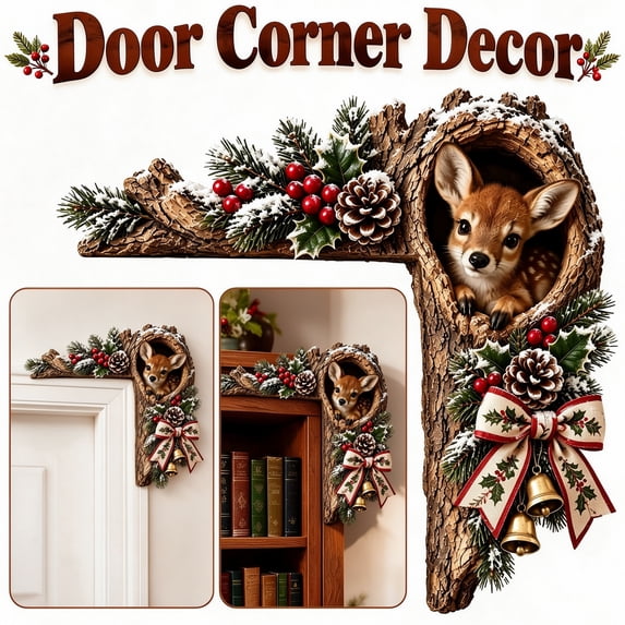 Velmasee Door Frame Corner Decor, Christmas Woodland Animal Tree Hollow Door Toppers, Wooden Festive Design No-Drill Mount, Holiday Ornament for Xmas Home Door Frame Wall Party Decor