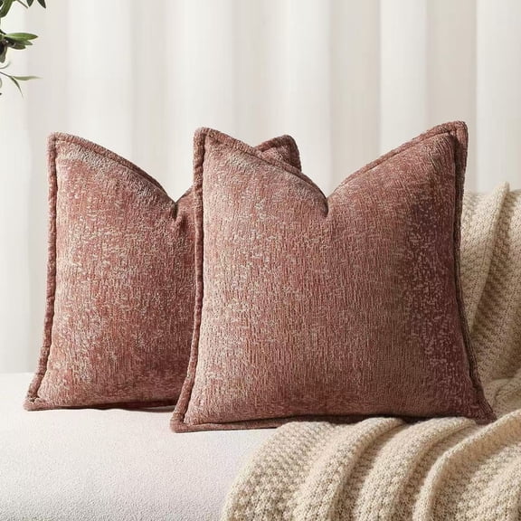 Velmysta Premium Chenille Throw Pillow Covers Set of 2, 18x18 Pink, Soft Velvet Stitched Edge Decorative Couch Pillow Covers, Modern Farmhouse Home Decor for Sofa, Living Room, Bedroom