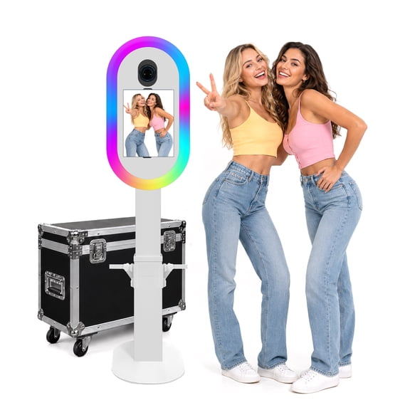 VeloTech Height Adjustable iPad & DSLR Photo Booth with Flight Case, RGB LED Selfie Kiosk for Weddings, Parties, Events
