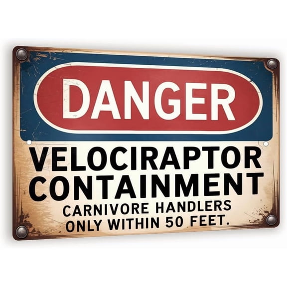 Velociraptor Containment Sign 8x12 Vintage Dinosaur Warning Metal Wall Art, Funny Decor For Garage Or Man Cave