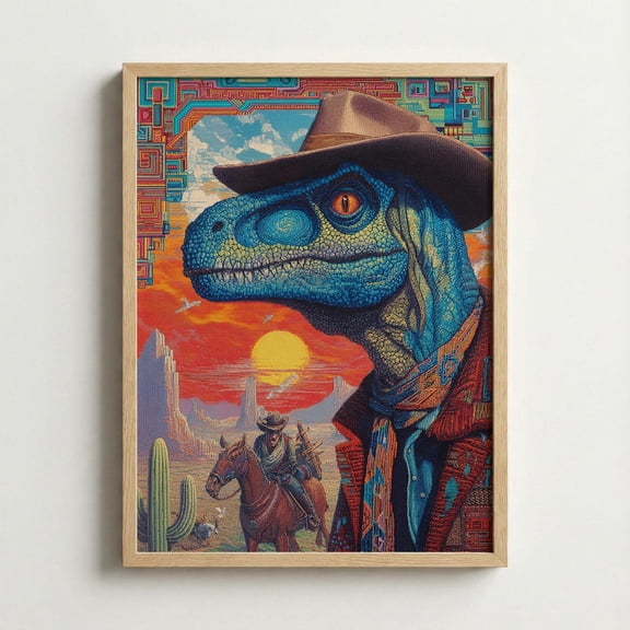 Velociraptor Cowboy Wall Art Surreal Dinosaur Western Portrait Eclectic Desert Sunset Poster Quirky Prehistoric Decor Fun Cowboy Gift, Poster Only