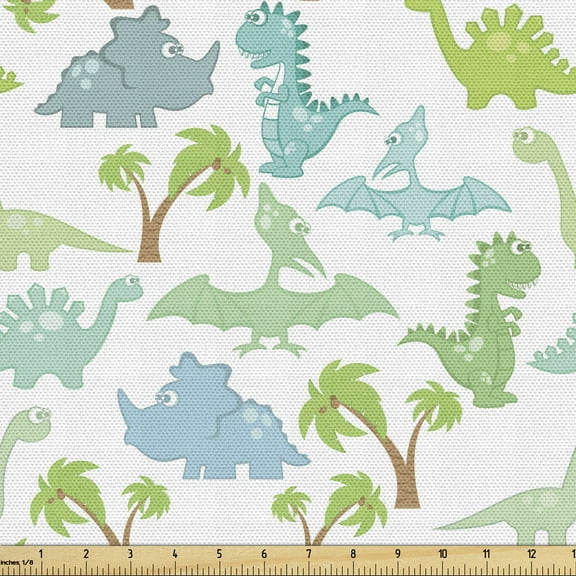 Ambesonne Velociraptor Fabric by the Yard Upholstery, Dinosaurs Cartoon Art, 3 Yards, Green White and Slate Blue