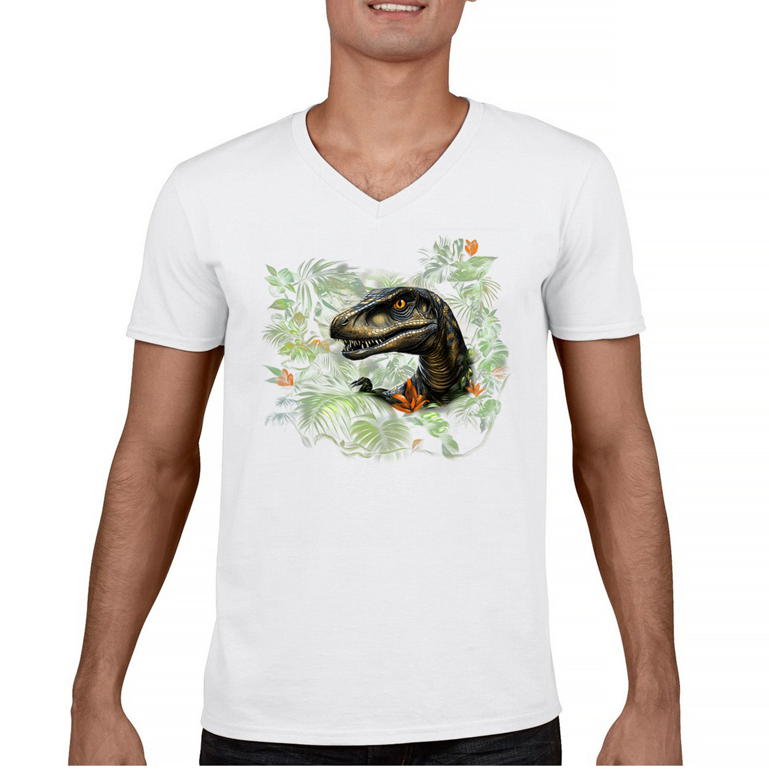 Velociraptor Jungle V-Neck T-shirt Dinosaur Hunter Jurassic Period ...