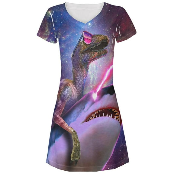 Velociraptor Laser Shark in Space All Over Juniors Beach Cover-Up Dress Multi X-LG
