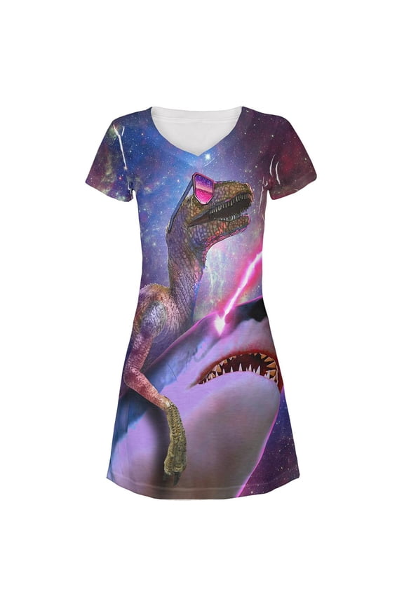 Velociraptor Laser Shark in Space All Over Juniors Beach Cover-Up Dress Multi X-LG