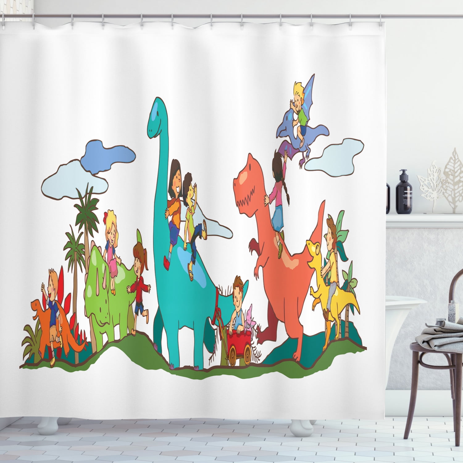 Velociraptor Shower Curtain, Children Playing with Dinosaurs