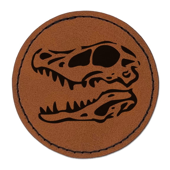 Velociraptor Skull Dinosaur Fossil Bone 2.5" Faux Leather Round Engraved Iron-On Patch - Brown