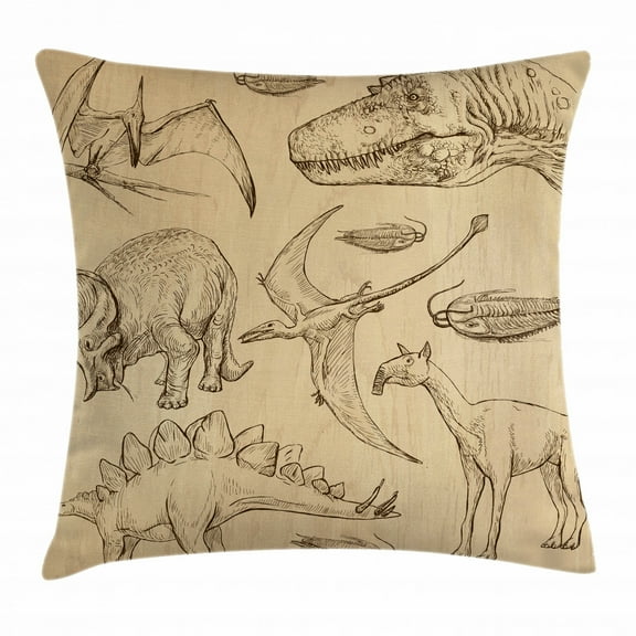 Velociraptor Throw Pillow Cushion Cover, Vintage Sketch of Archaeological Medieval Dinosaurs Evolution Prehistory Art, Decorative Square Accent Pillow Case, 20 X 20 Inches, Sand Brown, by Ambesonne