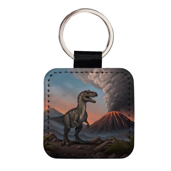 Velociraptor Volcano Dinosaur Faux Leather Square Keychain