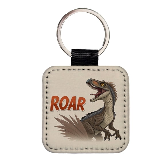 Velociraptor With Roar Dinosaur Faux Leather Square Keychain