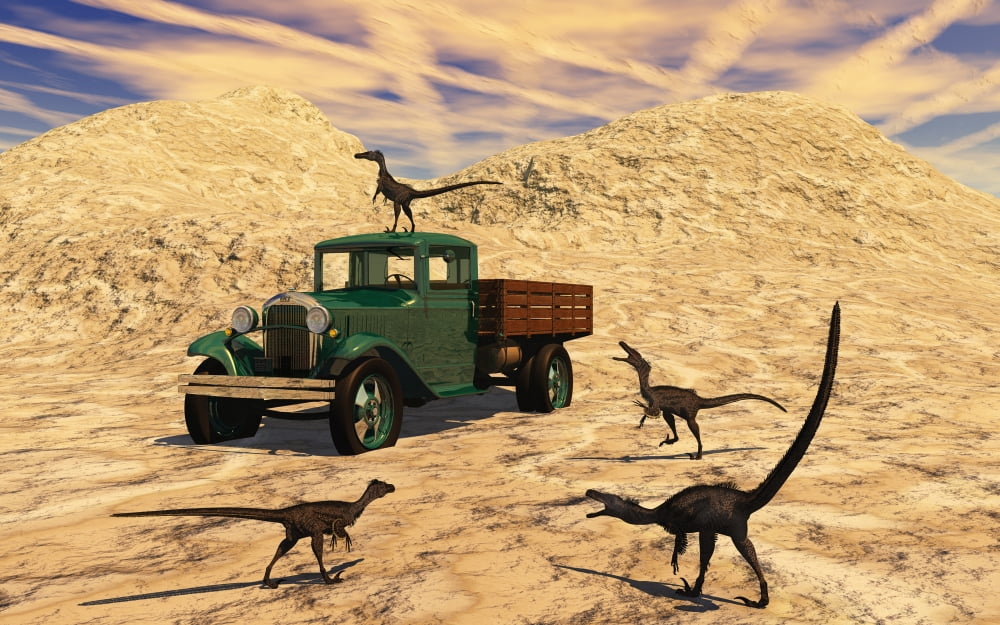 Velociraptors react curiously to a 1930s American pickup truck Canvas Art - Mark StevensonStocktrek Images (18 x 12)