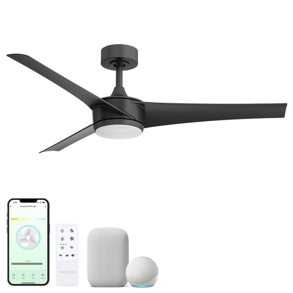 Velocity 52in 3-Blade Smart Ceiling Fan 2700K-6000K CCT Tunable Range LED Light Kit in Matte Black with Remote Control Works With iOS or Android App