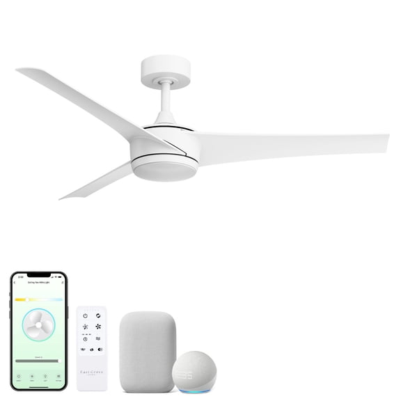 Velocity 52in 3-Blade Smart Ceiling Fan 2700K-6000K CCT Tunable Range LED Light Kit in Matte White with Remote Control Works With iOS or Android App