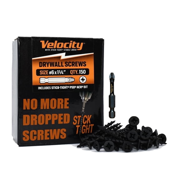 Velocity Drywall Screws, Stick Tight Technology Size: #6x1-1/4, Sharp Tip, Bit Included, 150pcs
