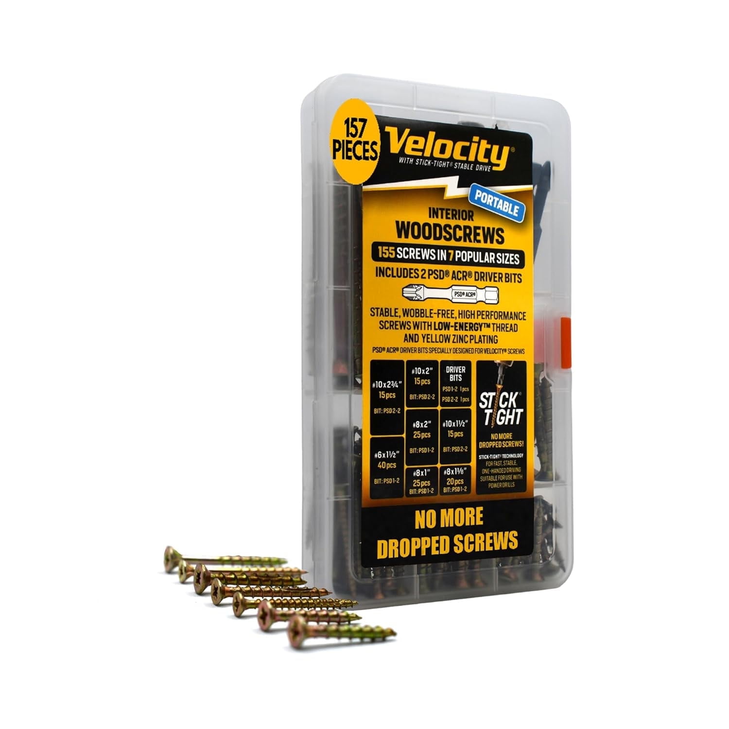 Velocity Interior Assorted Wood Screws, 155 count, 7 sizes, 2 Bits, Storage Organizer