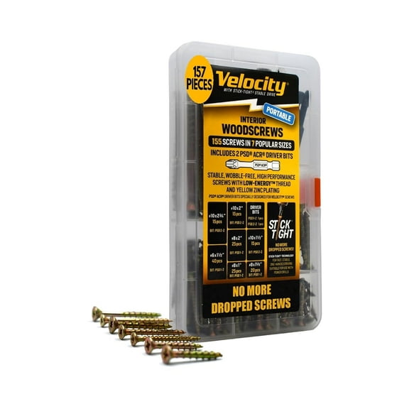 Velocity Interior Assorted Wood Screws, 155 count, 7 sizes, 2 Bits, Storage Organizer