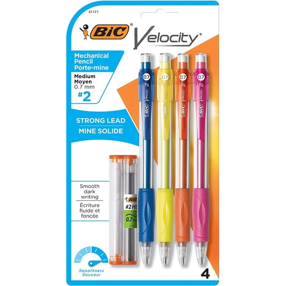 Velocity Mechanical Pencils, With Colorful Barrel, Medium Point (0.7mm), 4-Count Pack Pencils Eraser and Lead Refills