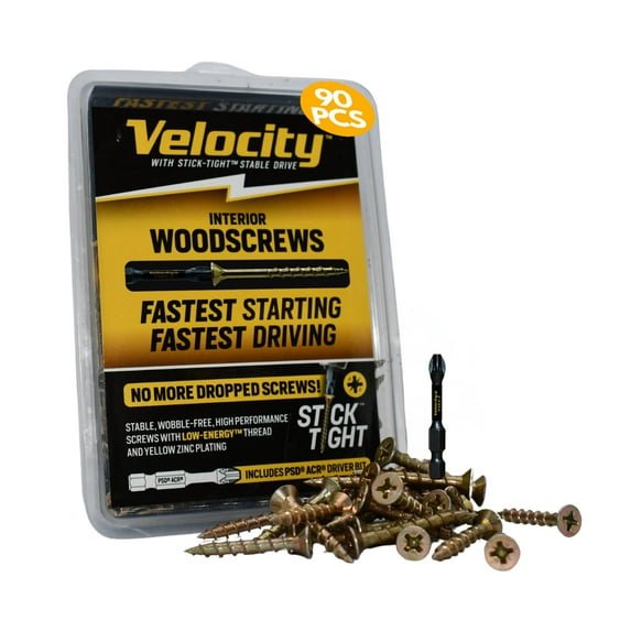 Velocity Interior 1 1/2 Wood Screws DIY Pack (Size #10, 90 Pcs) – Furniture Wood Screw, Carbon Steel Screws Wood Zinc Plating, Stick-Tight Technology Screws for Wood Working, Self Tapping Screws