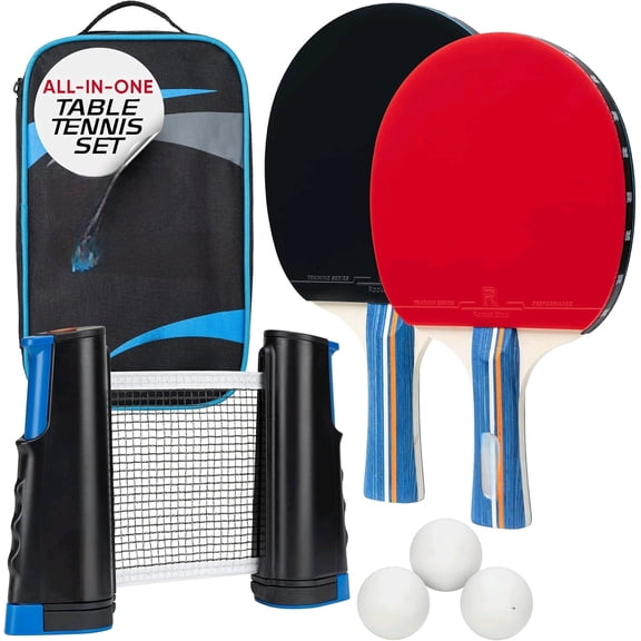 Velocity Table Tennis Paddle Set 2 Ping Pong Rackets with ITTF-Approved Rubber, Retractable Net System, 3-Star Balls & Carry Case for Indoor & Outdoor Games and Travel Play