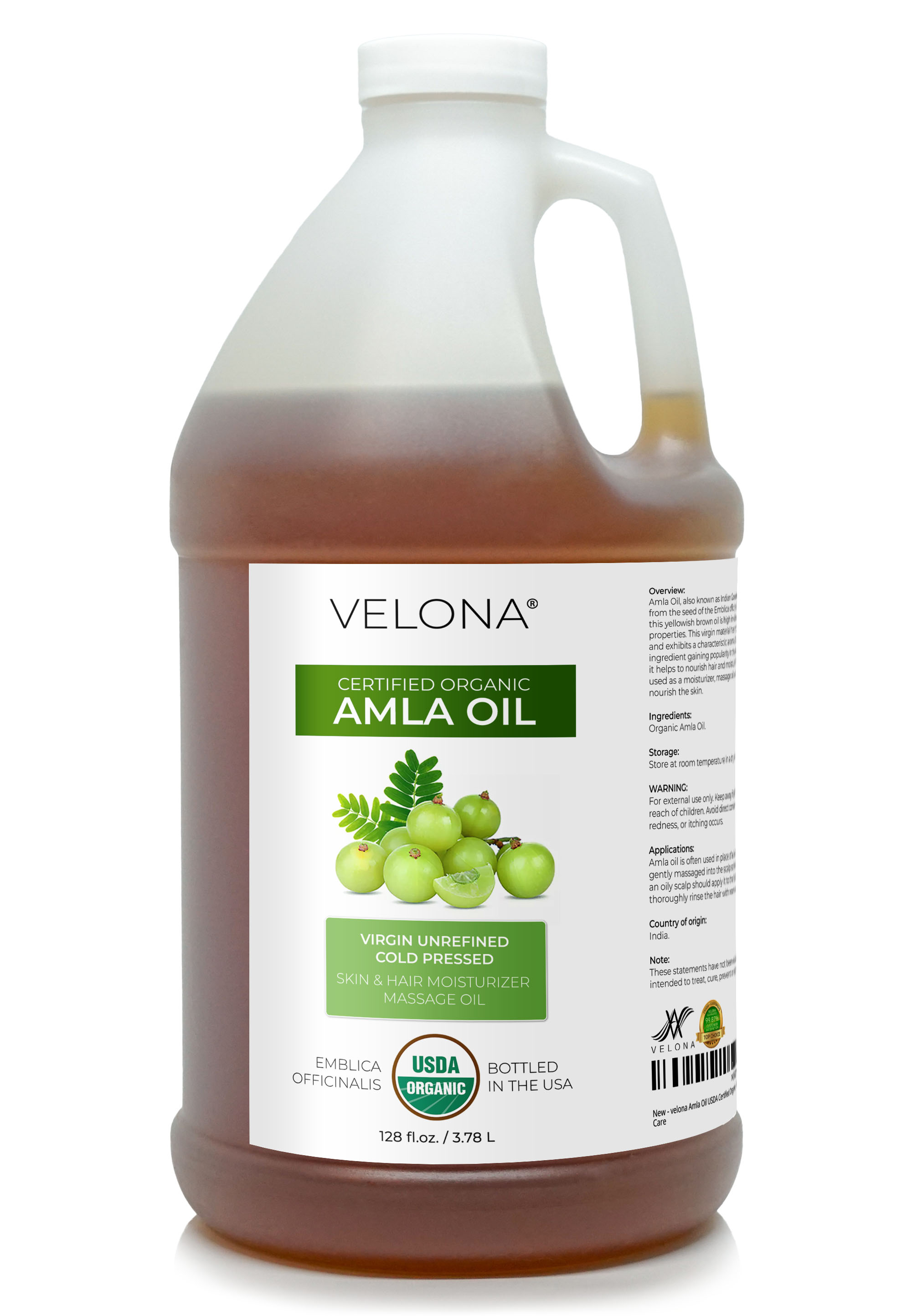 velona Amla Oil USDA Certified Organic - 1 Gallon / 128 Fl Oz | 100% Pure and Natural Carrier Oil | Extra Virgin, Unrefined, Cold Pressed | Body, Face & Skin Care