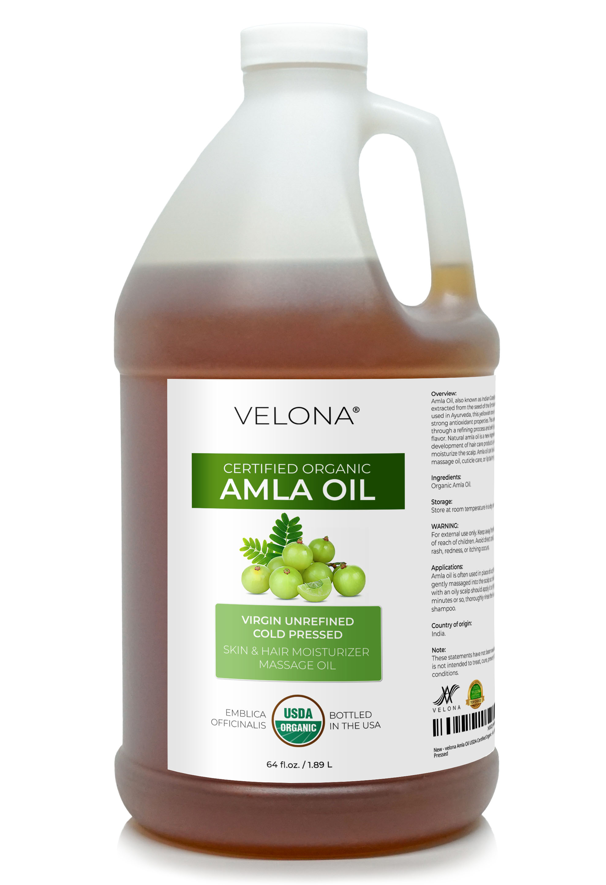 velona Amla Oil USDA Certified Organic - 64 Fl Oz | 100% Pure and Natural Carrier Oil | Extra Virgin, Unrefined, Cold Pressed | Body, Face & Skin Care