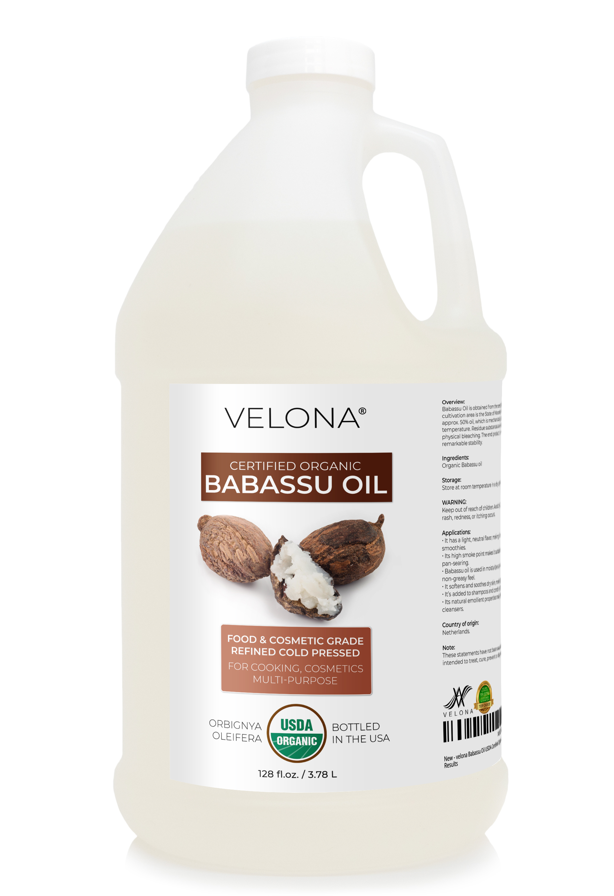 Velona Babassu Oil USDA Certified Organic - 1 Gallon / 128 Fl Oz | 100% Pure and Natural Carrier Oil | Refined, Cold Pressed | Face, Hair, Body & Skin Care and Cooking | Use Today - Enjoy Results