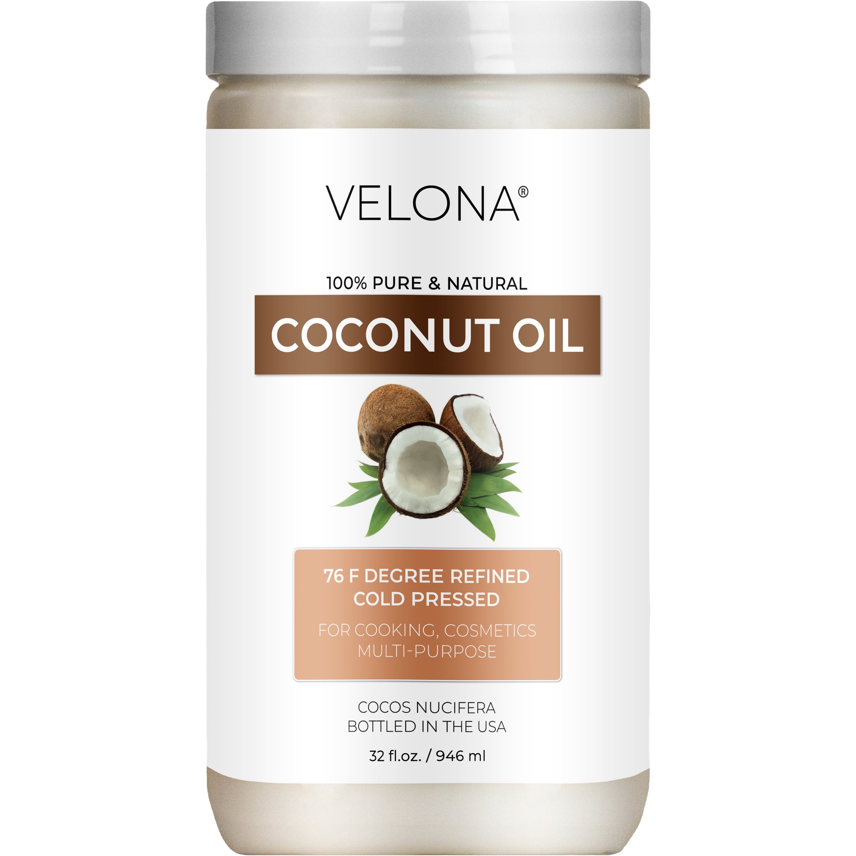 Coconut Oil 76 Degree by Velona - 32 Fl Oz | 100% Pure and Natural Carrier Oil | in jar | Refined, Cold pressed | Skin, Face, Body, Hair Care | Use Today - Enjoy Results
