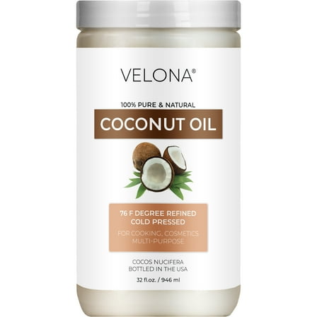 Coconut Oil 76 Degree by Velona - 32 Fl Oz | 100% Pure and Natural Carrier Oil | in jar | Refined, Cold pressed | Skin, Face, Body, Hair Care | Use Today - Enjoy Results