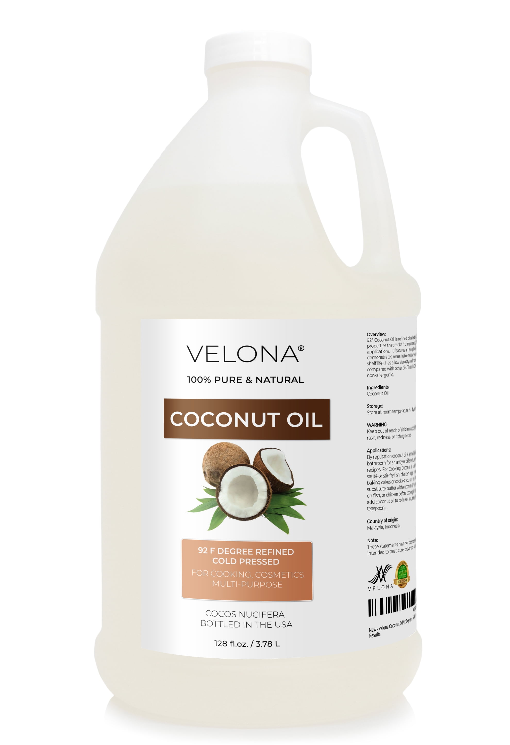 Coconut Oil 92 Degree by Velona - 1 Gallon / 128 Fl Oz | 100% Pure and Natural Carrier Oil | in jar | Refined, Cold pressed | Skin, Face, Body, Hair Care | Use Today - Enjoy Results