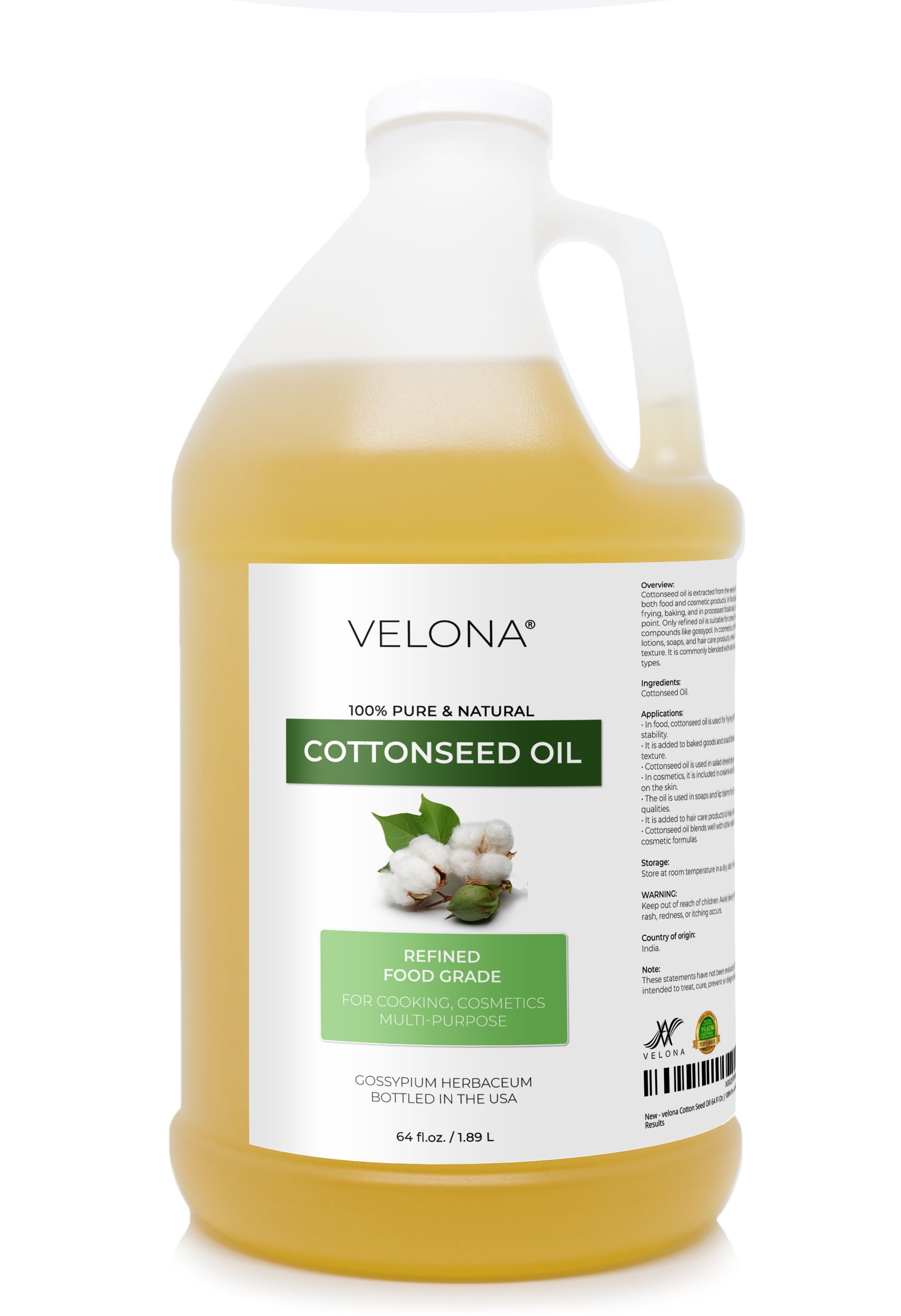 Velona Cottonseed Oil - 64 oz | 100% Pure and Natural Carrier Oil | Refined, Cold pressed | Cooking, Skin, Face, Body, Hair Care