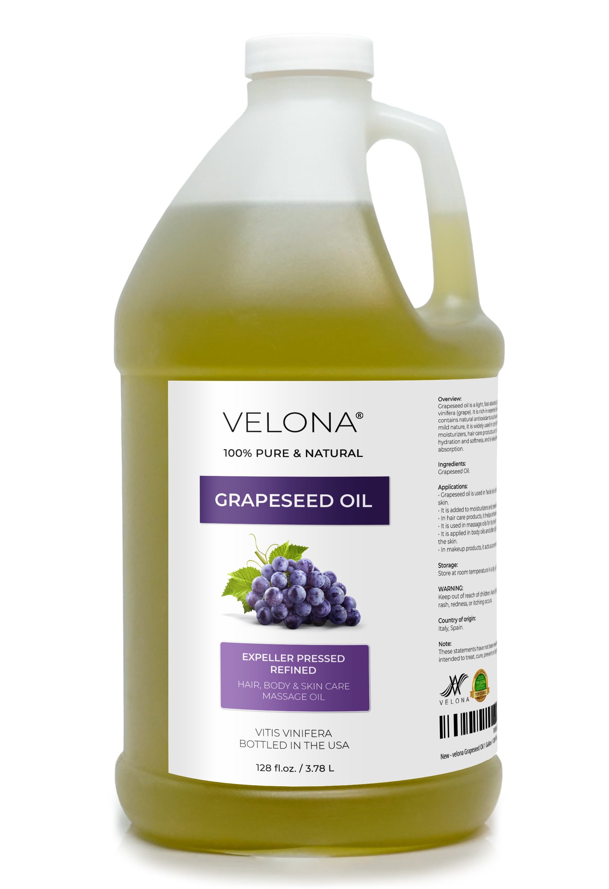 Grapeseed Oil by Velona - 1 Gallon / 128 Fl Oz | 100% Pure and Natural Carrier Oil | Refined | Skin, Face, Body, Hair Care | Use Today - Enjoy Results