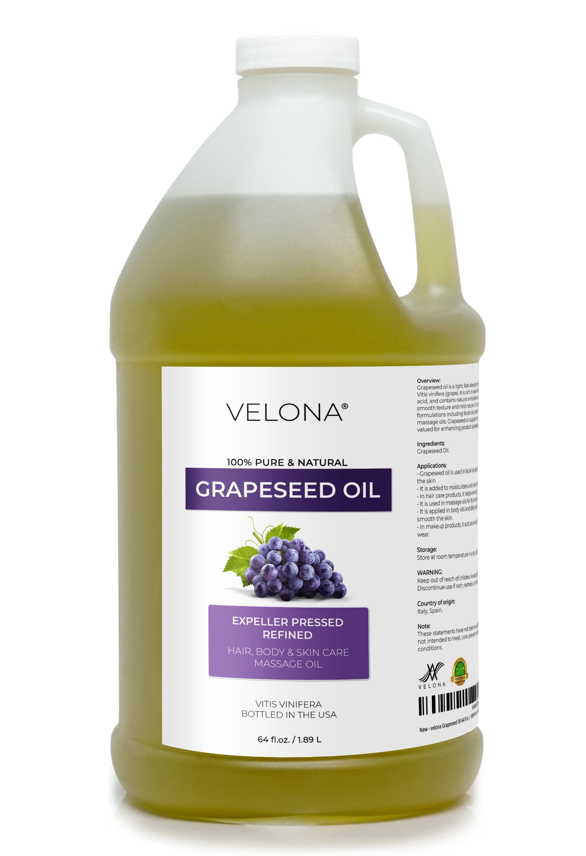 Grapeseed Oil by Velona - 64 fl oz | 100% Pure and Natural Carrier Oil | Refined | Skin, Face, Body, Hair Care | Use Today - Enjoy Results