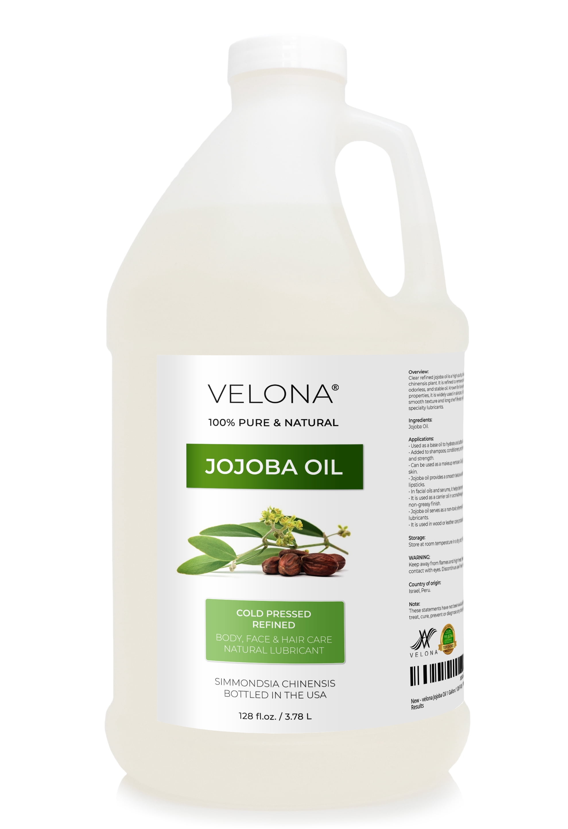 Jojoba Oil by Velona - 1 Gallon / 128 Fl Oz | 100% Pure and Natural Carrier Oil | Clear, Refined, Cold Pressed | Moisturizing Face, Hair, Body and Skin Care | Use Today - Enjoy Results