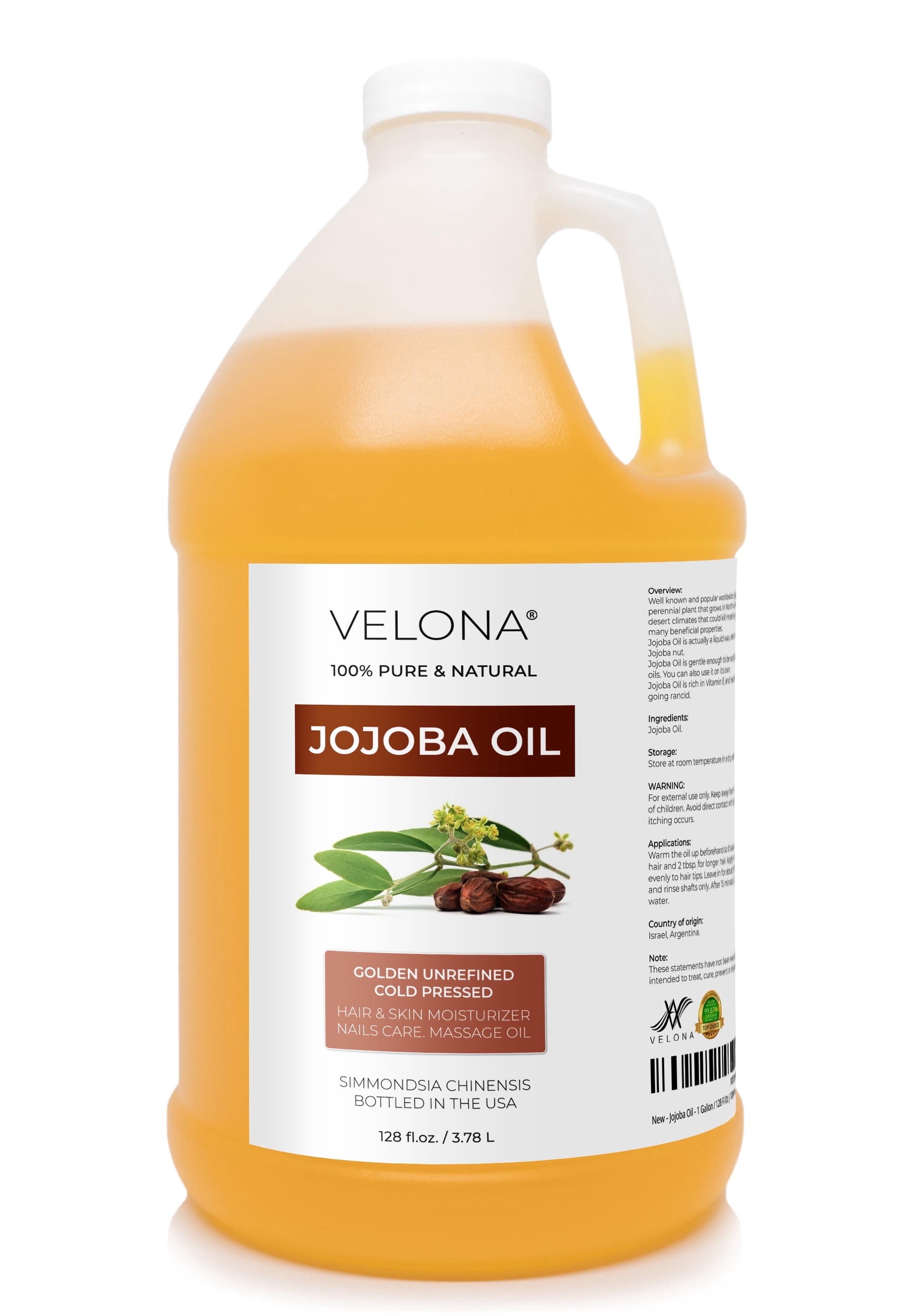 Velona Jojoba Oil - 1 Gallon / 128 Fl Oz | 100% Pure and Natural | Golden, Unrefined, Cold Pressed, Hexane Free | Moisturizing Face, Hair, Body, Skin Care