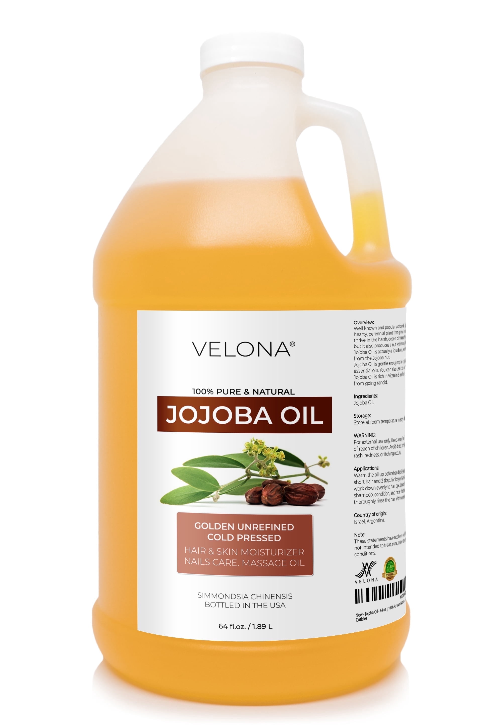 velona Jojoba Oil - 64 Fl Oz | 100% Pure and Natural | Golden, Unrefined, Cold Pressed, Hexane Free | Moisturizing Face, Hair, Body, Skin Care