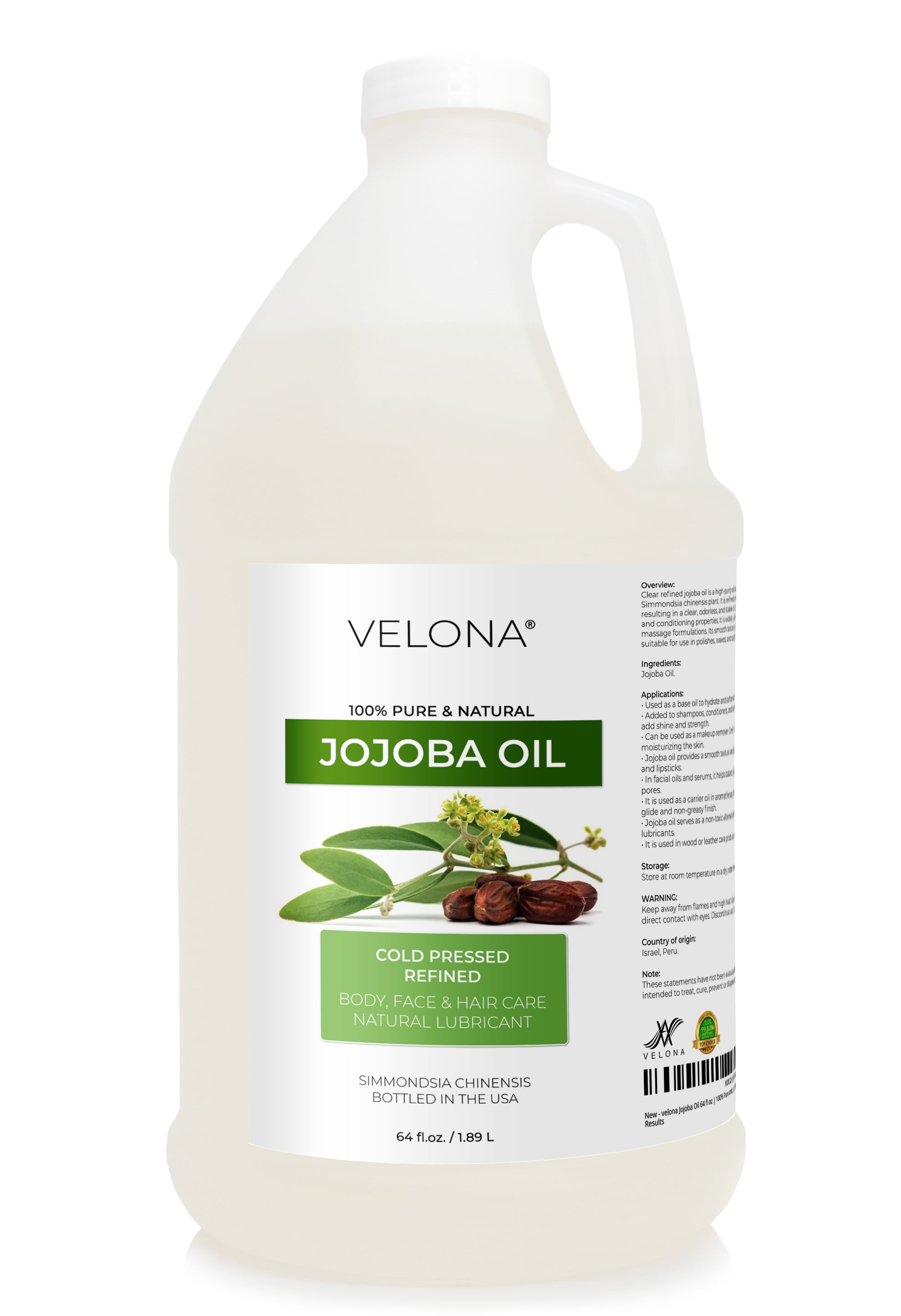 Jojoba Oil by Velona - 64 fl oz | 100% Pure and Natural Carrier Oil | Clear, Refined, Cold Pressed | Moisturizing Face, Hair, Body and Skin Care | Use Today - Enjoy Results