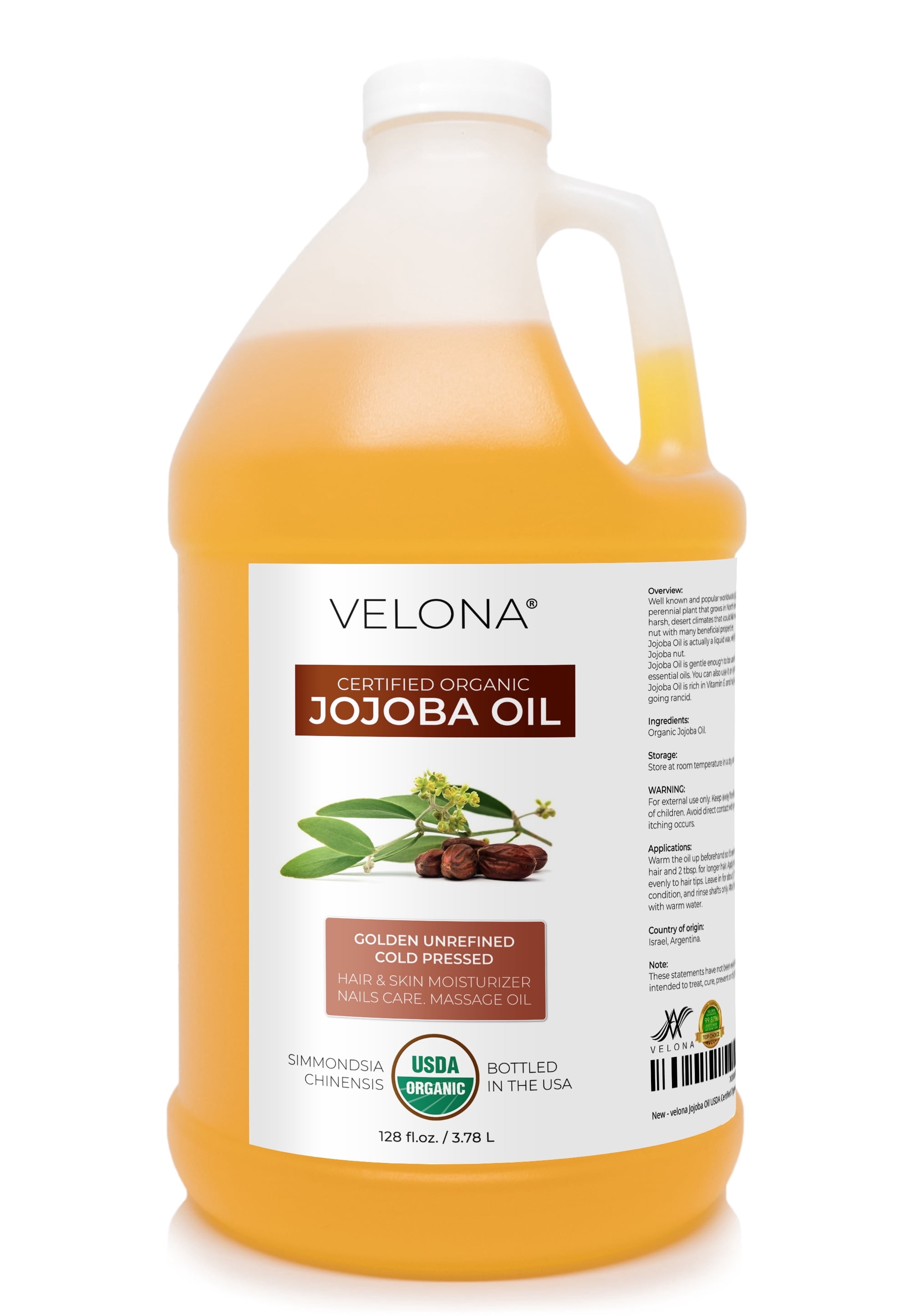 Velona Jojoba Oil USDA Certified Organic - 1 Gallon / 128 Fl Oz | 100% Pure and Natural | Golden, Unrefined, Cold Pressed, Hexane Free | Moisturizing Face, Hair, Body, Skin Care