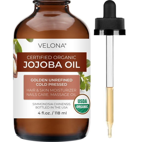 velona Jojoba Oil USDA Certified Organic - 4 fl oz (With Dropper) | 100% Pure and Natural | Golden, Unrefined, Cold Pressed, Hexane Free | Moisturizing Face, Hair, Body, Skin Care