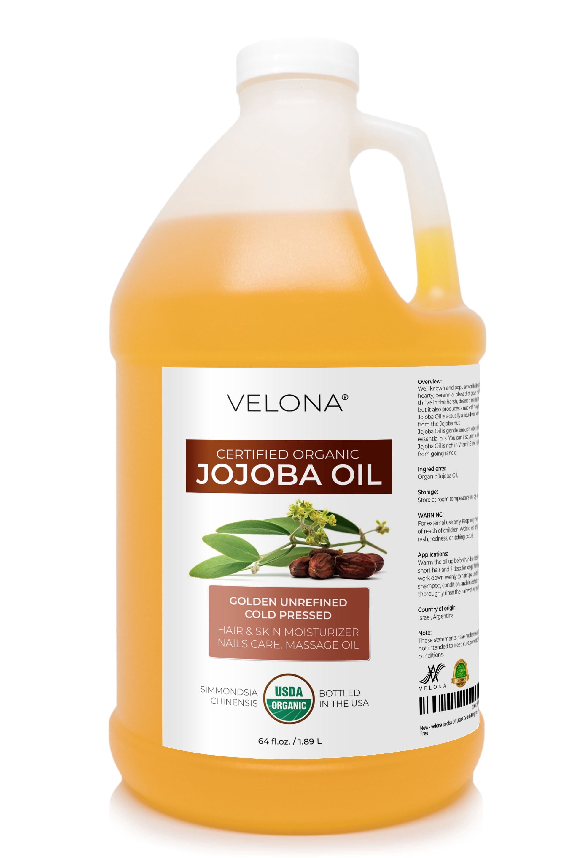 velona Jojoba Oil USDA Certified Organic - 64 fl oz | 100% Pure and Natural | Golden, Unrefined, Cold Pressed, Hexane Free | Moisturizing Face, Hair, Body, Skin Care