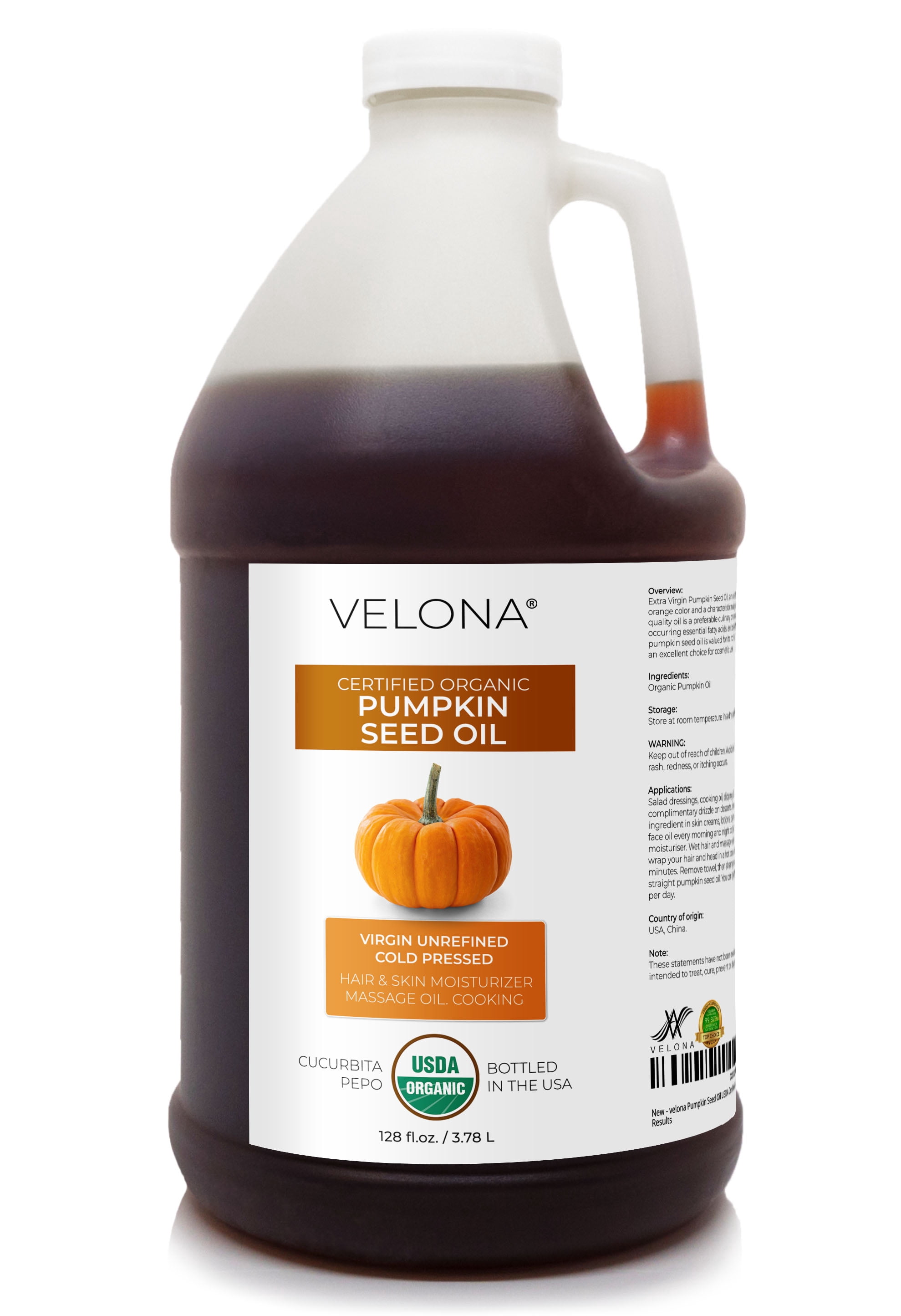Velona Pumpkin Seed Oil USDA Certified Organic - 1 Gallon / 128 Fl Oz | 100% Pure and Natural Carrier Oil | Unrefined, Cold Pressed | Cooking, Face, Hair, Body & Skin Care