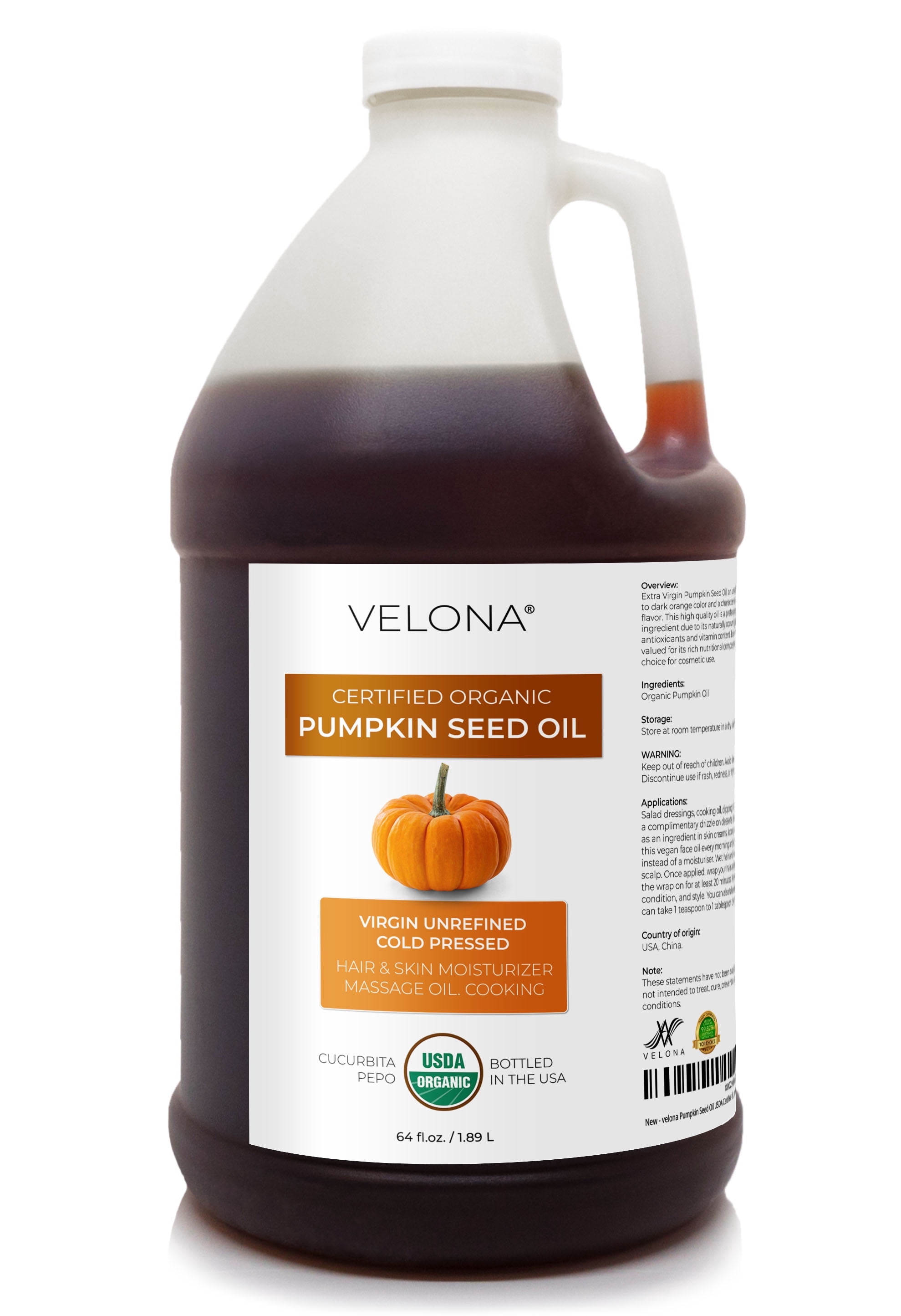 Velona Pumpkin Seed Oil USDA Certified Organic - 64 oz | 100% Pure and Natural Carrier Oil | Unrefined, Cold Pressed | Cooking, Face, Hair, Body & Skin Care