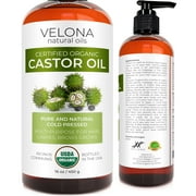 Velona USDA Certified Organic Castor Oil - 16 oz | For Hair Growth, Boost Eyelashes, Eyebrows | Cold pressed, Natural Oil, USP Grade | Hexane Free, Lash Growth Serum, Caster