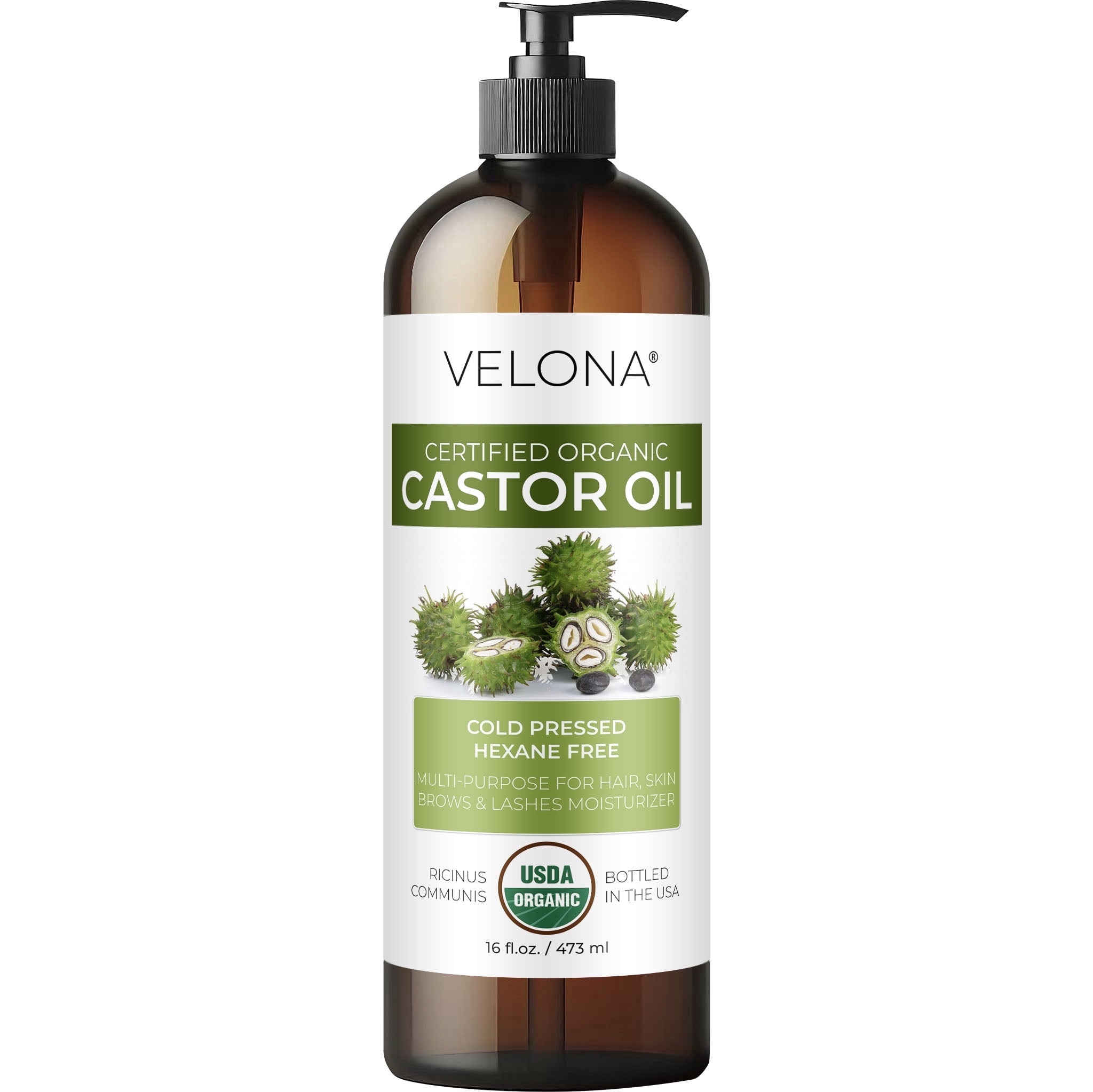 velona USDA Organic Castor Oil - 16 fl oz, Cold Pressed, Hexane Free with Pump