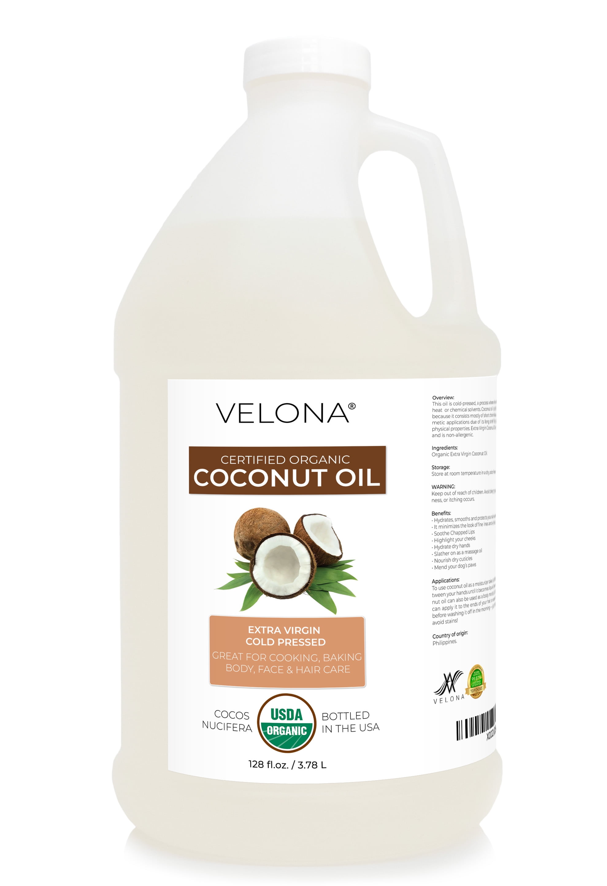 Velona USDA Certified Organic Coconut Oil Extra Virgin - 1 Gallon / 128 Fl Oz | Food and Cosmetic Grade | in jar | Extra Virgin, Cold Pressed | Skin, Face, Body, Hair Care | Use Today - Enjoy Results