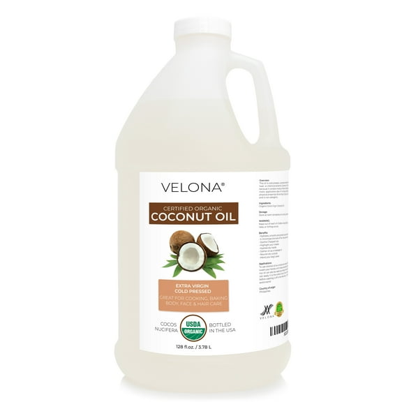 Velona USDA Certified Organic Coconut Oil Extra Virgin - 1 Gallon / 128 Fl Oz | Food and Cosmetic Grade | in jar | Extra Virgin, Cold Pressed | Skin, Face, Body, Hair Care | Use Today - Enjoy Results